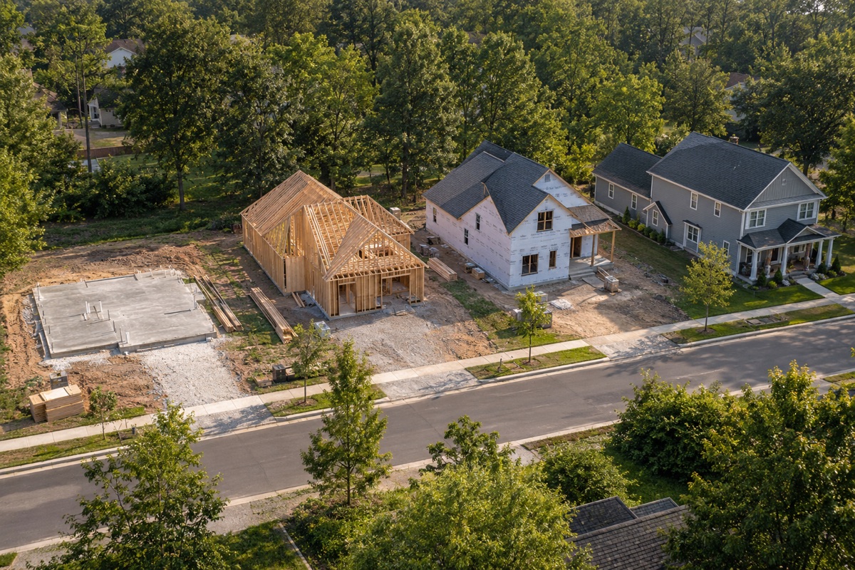 Illustration of neighboring homes at foundation, framing and finishing stages
