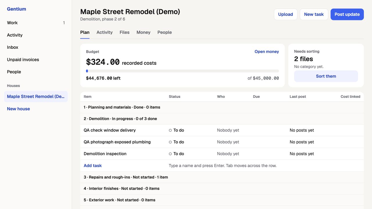 Actual Gentium web app showing a demo house, its budget, files and work items